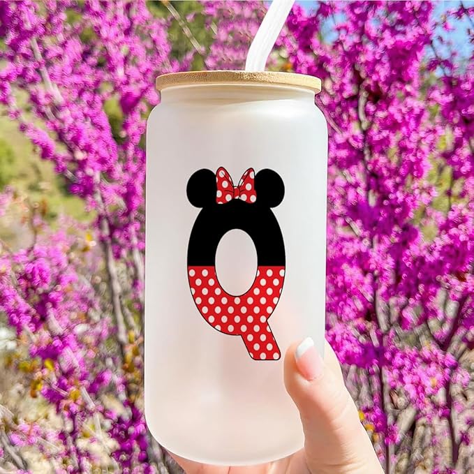 Cute Cartoon Mouse Lover Gifts Initial A-Z Personalized Iced Coffee Cup Magic Mouse Stuff Wizard Gift 16oz Glass Cup with Lid and Straws Birthday Christmas Gifts for Women Teen Girls (Letter Q)