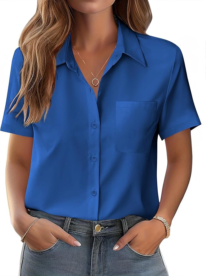 Zeagoo Womens Button Down Shirt Bust Pocket Short Sleeve Blouses Business Casual Work Tops Summer Outfits