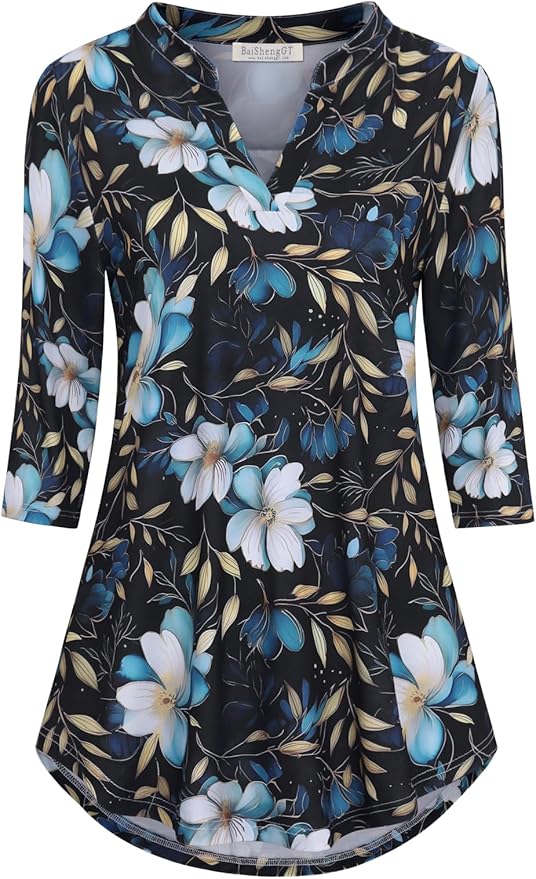 BAISHENGGT 3/4 Sleeve Tops for Women Notch V Neck Floral Work Blouses Dressy Casual Loose Fit Going Out Tunic Tops
