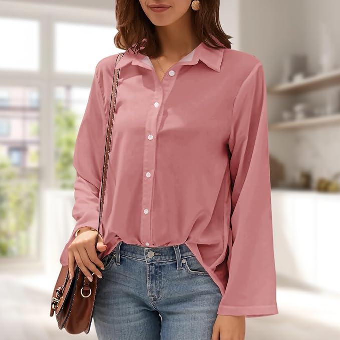Womens Classic Shirts Casual Button Solid Color Long Sleeve Work Blouse Collared Relaxed Fit Summer Tops