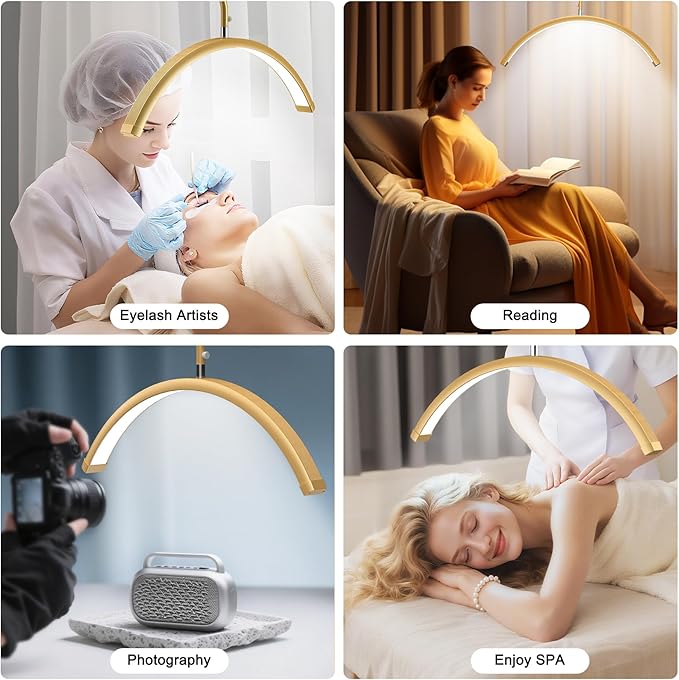 Half Moon Lash Light - Adjustable LED Floor Lash Lamp with 4X Magnifier & Phone Holder for Eyelash Extensions,Nail Art,Tattoo,Skincare,Salon SPA-Dimmable Brightness,Rotating Head, Gold