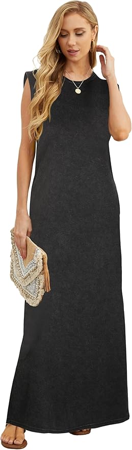 GRECERELLE 2026 Women Year-Round Casual Round Neck Loose Split Wrinkle-Free Long Maxi Vacation Dress with Pockets (XXS-4XL)