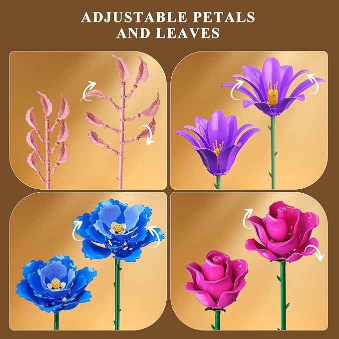 CUBIMANA Valentines Flowers Bouquet Building Set with LED Light, 21 Flower Botanical Collection Block Toy, Rose Lily Home Plant Decor 1054PCS, Gifts for Her Adults Women Mom Kids Girls 12+ (Purple)