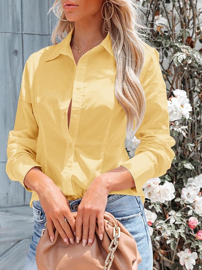 siliteelon Women's Button Down Shirts Long Sleeve Dress Shirts Wrinkle Free Collared Work Office Solid Blouses Corset Tops