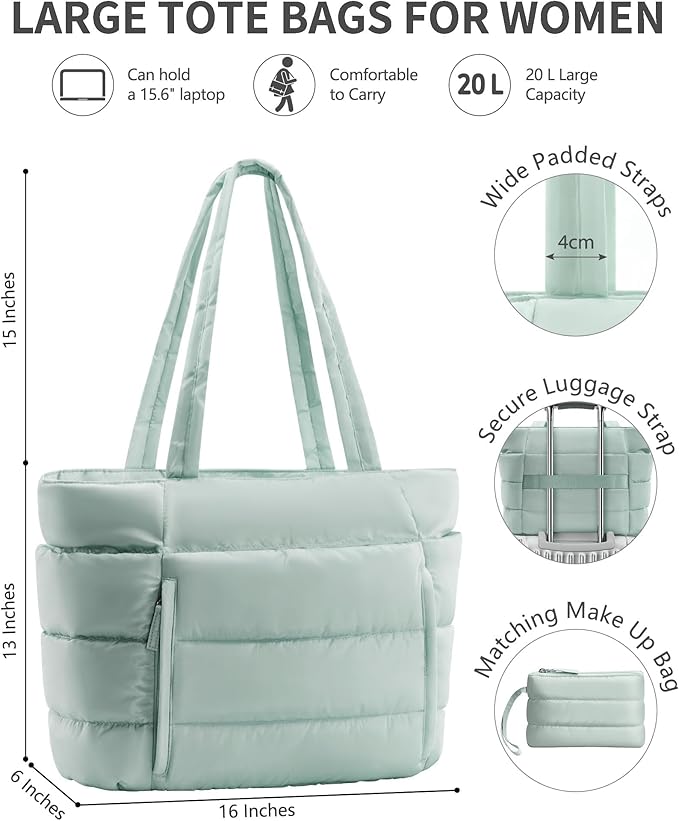 Puffer Tote Bag for Women, Lightweight Puffy Work Handbag Teacher Nurse Quilted Shoulder Bag for School Travel Gym | Quilted, with Zipper, Daily Carry On Bags, Comfy College Bags, 15.6" Laptop Sleeve, Cup Holder Pocket, Portable, Spacious