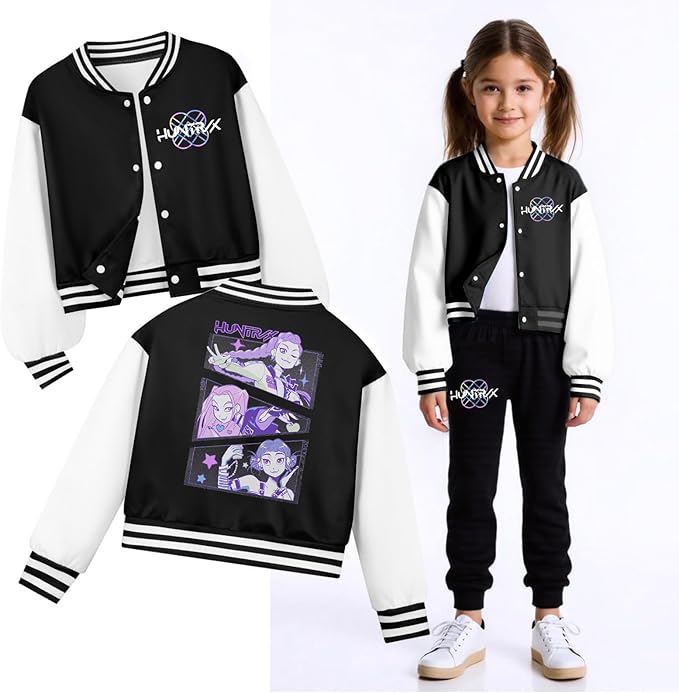 K PopGirls Kpop Tracksuit Cute Cartoon Print Baseball Coats Fashion Long Sleeve Jackets and Pants Christmas Costume Set