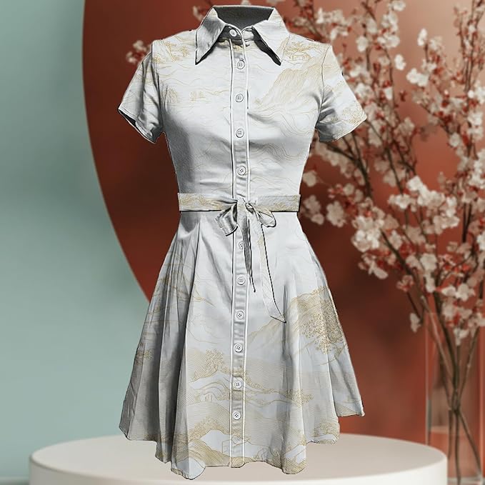 MARSVOVO Japanese Art Shirt Dresses for Women Short Sleeve Ruffle Button Down Tie Waist Trendy Elegant Midi Dress