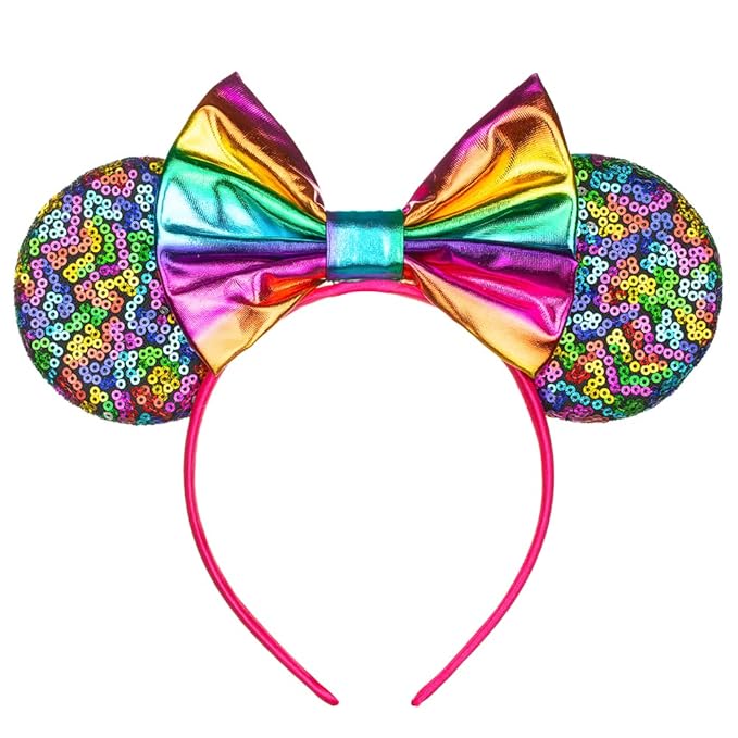 Foeran Mouse Ears Headbands Shiny Bows Mouse Ears Glitter Party Princess Decoration Cosplay Costume for Girls Women (Magic rainbow-1)