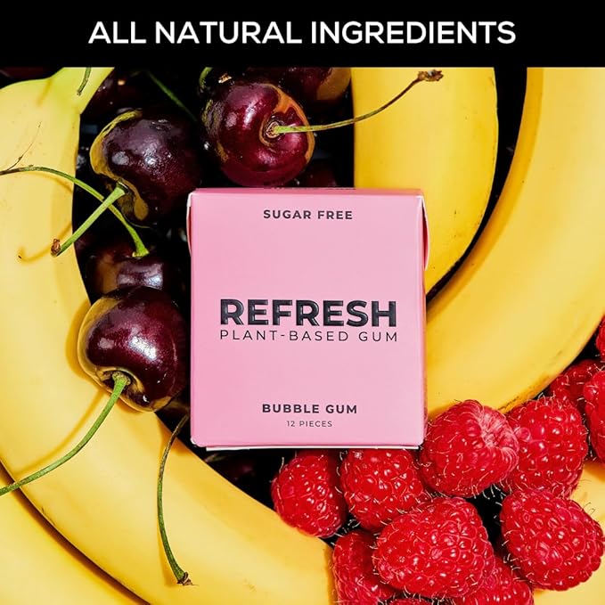 Refresh Gum, Sugar Free, Natural, Xylitol, Long Lasting Chewing Gum, Natural Flavors, Organic Ingredients, Plastic Free, Non GMO, Gluten Free, Vegan (12 Count (Pack of 12), Bubble Gum)