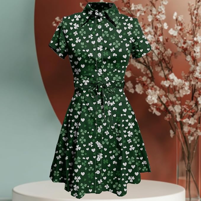 MARSVOVO Cute T Shirt Dress for Women Short Sleeve Button Up Tie Waist Elegant Casual Collared Smocked Midi Dress