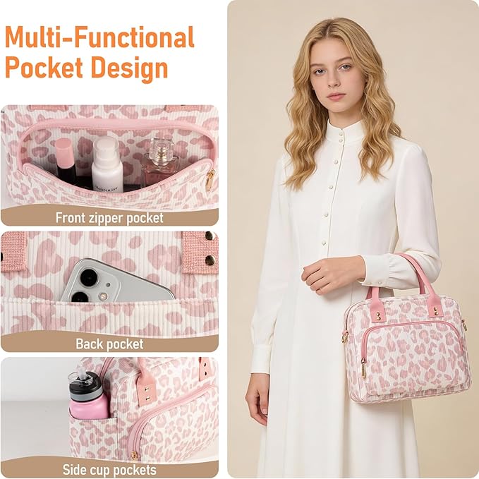 Lunch Bag Large Insulated Lunch Box for Women Adult Cute Pink Leopard Lunchbox Corduroy Lunch Bags Boxes Pail with Shoulder Strap for Work Mom Picnic Office Travel 11.4×6.8×9.1 inches 11.5L