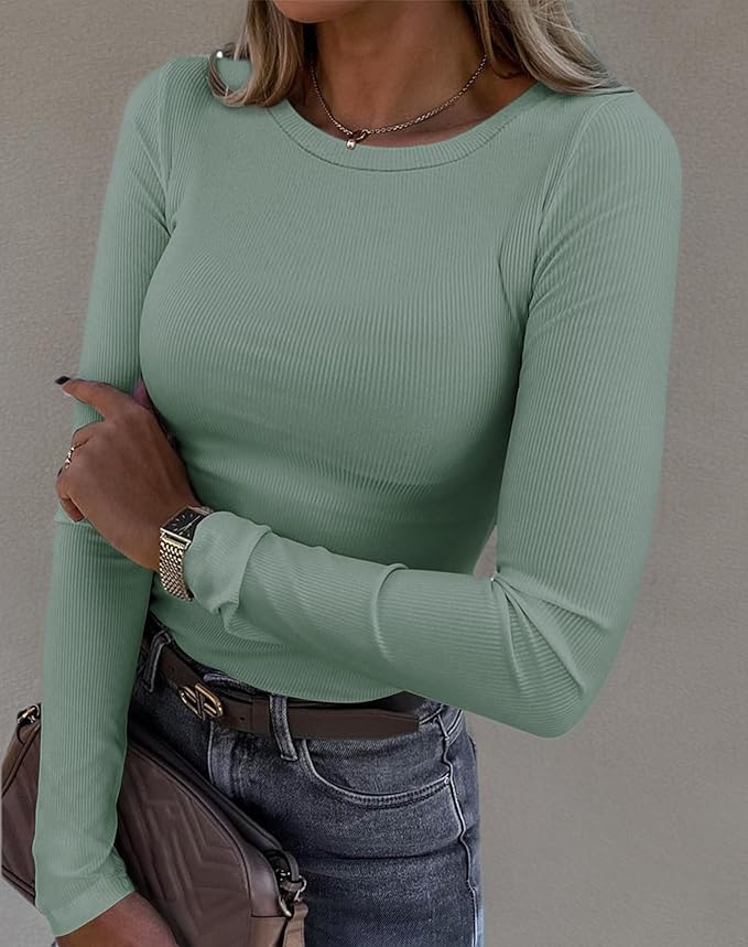 Roselux Womens Long Sleeve Stretch Crewneck Ribbed T-Shirt Fitted Casual Basic Tops