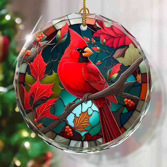 Cardinal Stained Glass Ornament - Christmas Tree Decorations, Cardinal Ornaments for Christmas Tree, Gift Exchange