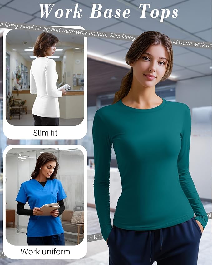 4 Pack Women's Underscrub Shirts Nurse Undershirts Long Sleeve Crewneck Slim Fit Tops Soft Stretchy Basic Tee