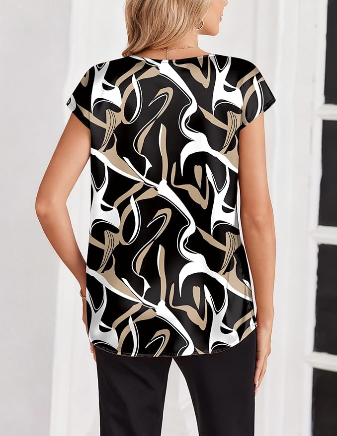 Zeagoo Women Silk Satin Tops Cap Short Sleeve Blouse V Neck Shirts Business Casual Outfits S-2XL