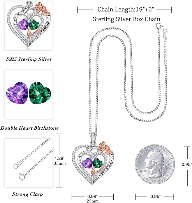Iefil Valentines Day Gifts for Her - 925 Sterling Silver Double Birthstone Necklace, Anniversary Birthday Gifts for Women, Jewelry Gift for Wife Girlfriend Mom Her