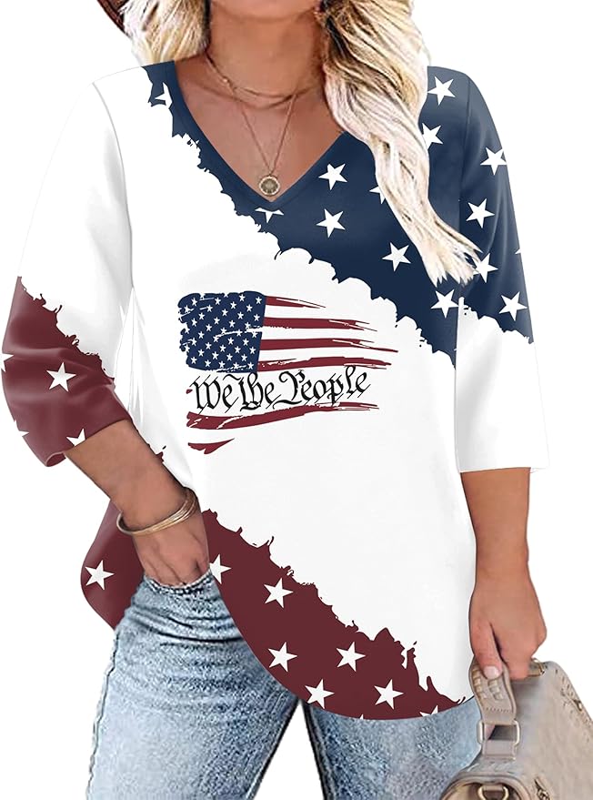 TFSDOD Womens Plus Size Tops V Neck T Shirts 3/4 Sleeve Blouse Summer Casual Tees XL-5X