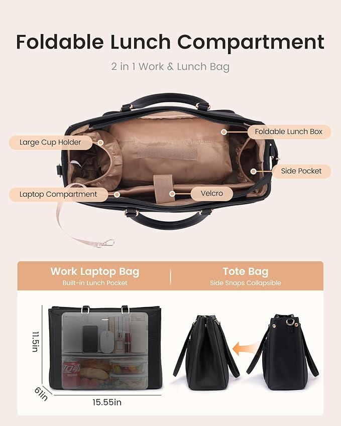 LOVEVOOK Lunch Tote Bag for Women, 3 in 1 Work Bag with Leakproof Cooler Compartment, Laptop Bag with Large Cup Holder for Office, College, Casual, Beige-black-brown