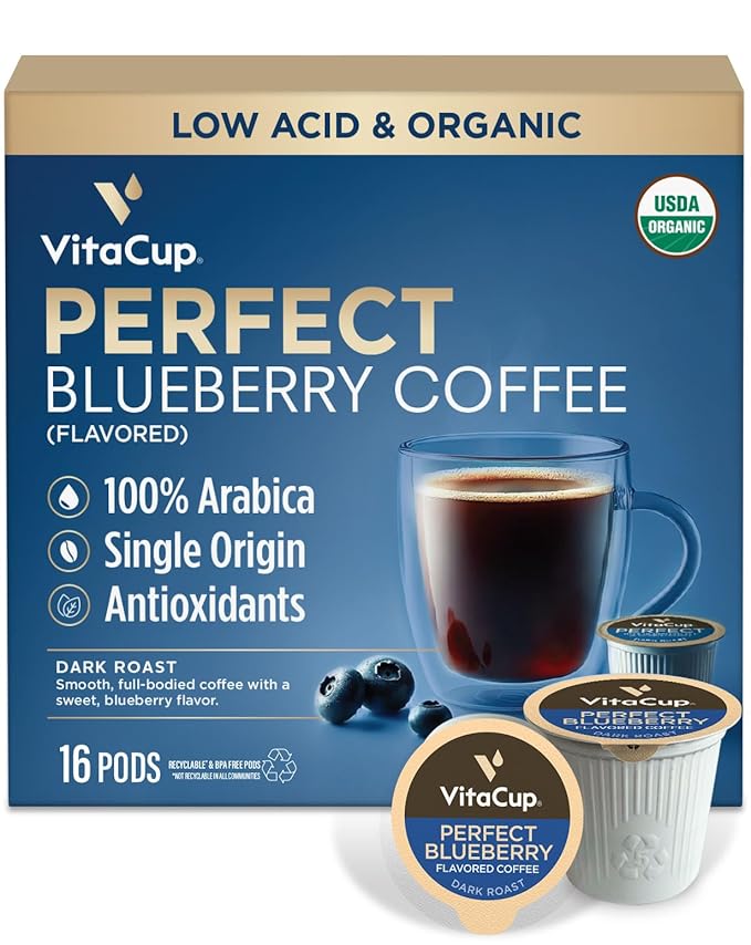 VitaCup Perfect Blueberry Flavored Low Acid Coffee Pods, Organic, Fair Trade, Dark Roast Single Origin from Guatemala, Clean & Pure, Recyclable Single Serve Pods, 16 Ct
