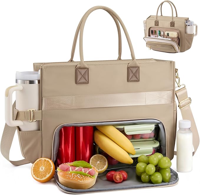LOVEVOOK Insulated Lunch Bag,2-in-1 Work Tote Bag with Lunch Compartment,Large Capacity Professional Work Bag for Women,15.6 Inch Laptop Bag with Cup Holder for Teacher,Nurse,College,Office,Travel