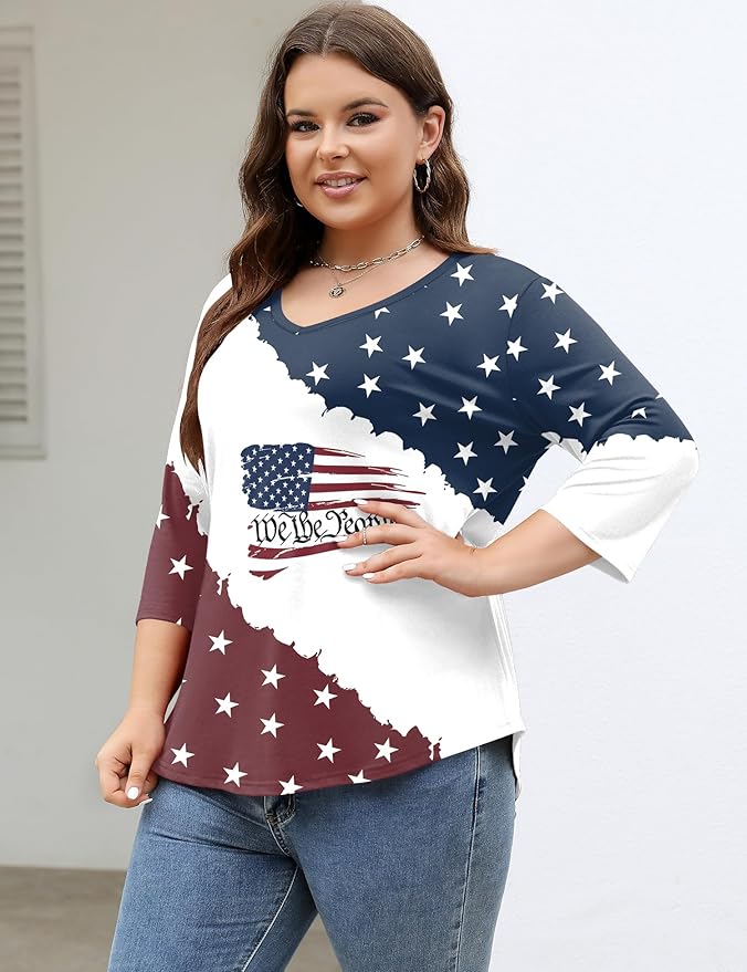 TFSDOD Womens Plus Size Tops V Neck T Shirts 3/4 Sleeve Blouse Summer Casual Tees XL-5X