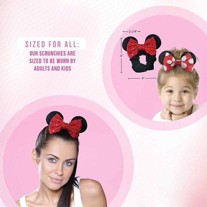 Styla Hair 2pk Mouse Ear Scrunchies for Kids Velvet Hair Bow Scrunchies for Women - Sparkle Sequins Mouse Hair Bands for Pony Tail (Red Black)