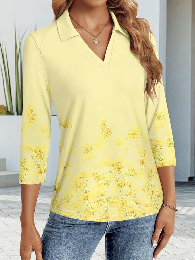 3/4 Length Sleeve Womens Tops Dressy Casual V Neck Polo Shirts Business Work Blouses 2025 Trendy Tunic Top