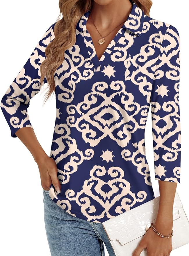 3/4 Length Sleeve Womens Tops Dressy Casual V Neck Polo Shirts Business Work Blouses 2025 Trendy Tunic Top
