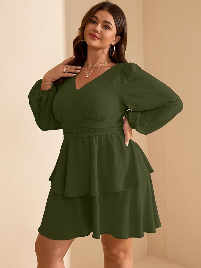 RWJ Plus Size Dresses for Curvy Women V Neck Long Sleeve Elastic Waist Fall Wedding Guest Layer Casual Mini Dress