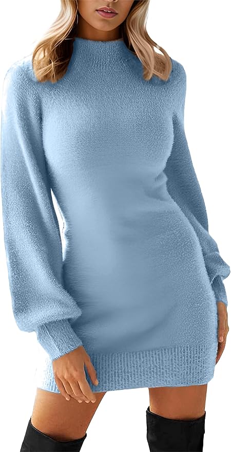 GRECERELLE 2026 Women's Mock Neck Ribbed Long Sleeve Bodycon Pullover Cute Mini Sweater Dress (XS-2XL)