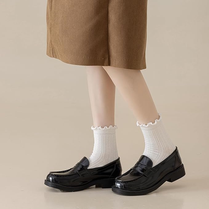 Mcool Mary Womens Crew Socks Ruffle Casual Cotton Frilly Breathable Cute Knit Lettuce Trim Dress Ankle Socks 6 Pack