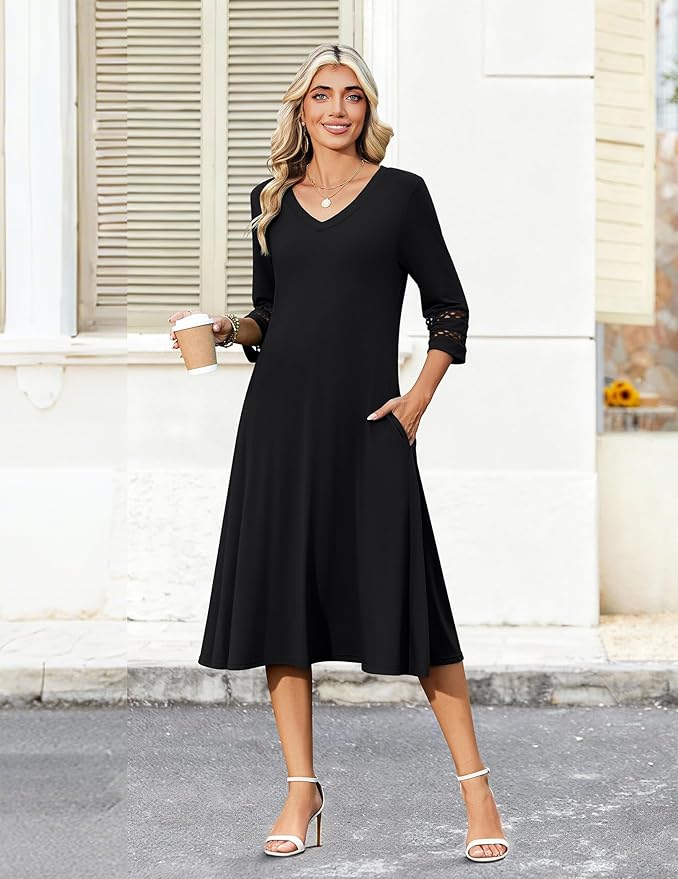 Zeagoo Women's Dresses 3/4 Sleeve Summer Casual V-Neck A Line Flowy Eyelet Midi Dress for Women Beach Vacation Sundress