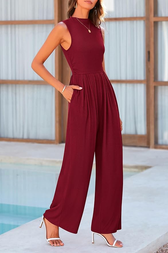 PRETTYGARDEN Womens Summer Jumpsuits Dressy Casual One Piece Outfits Sleeveless Mock Neck Wide Leg Pants Rompers with Pockets