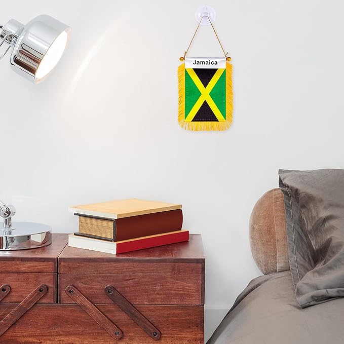 ZXvZYT 3 X 5 Inch Jamaica Window Hanging Flag Jamaican Small Mini Car Flags Banners Rearview Mirror Decoration - with Suction Cup & Golden Fringy Banner(2 Pack)