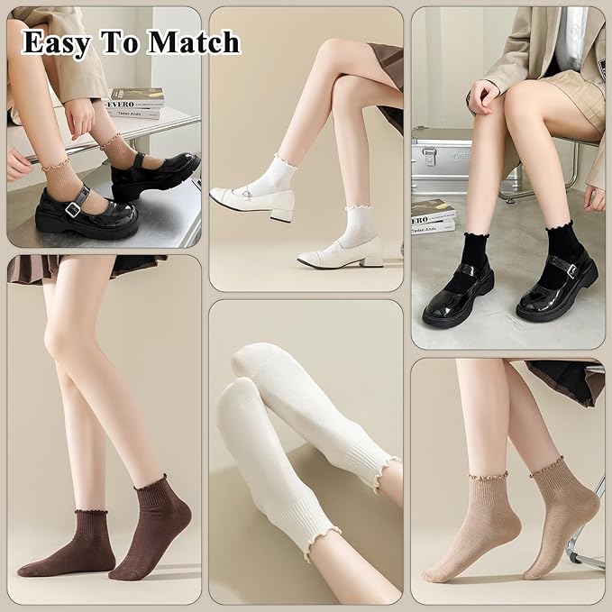 BIVOLU Womens Ankle Socks Ruffle Cotton Cute Frilly Trim Breathable Ankle Ruffled Socks 6 Pack