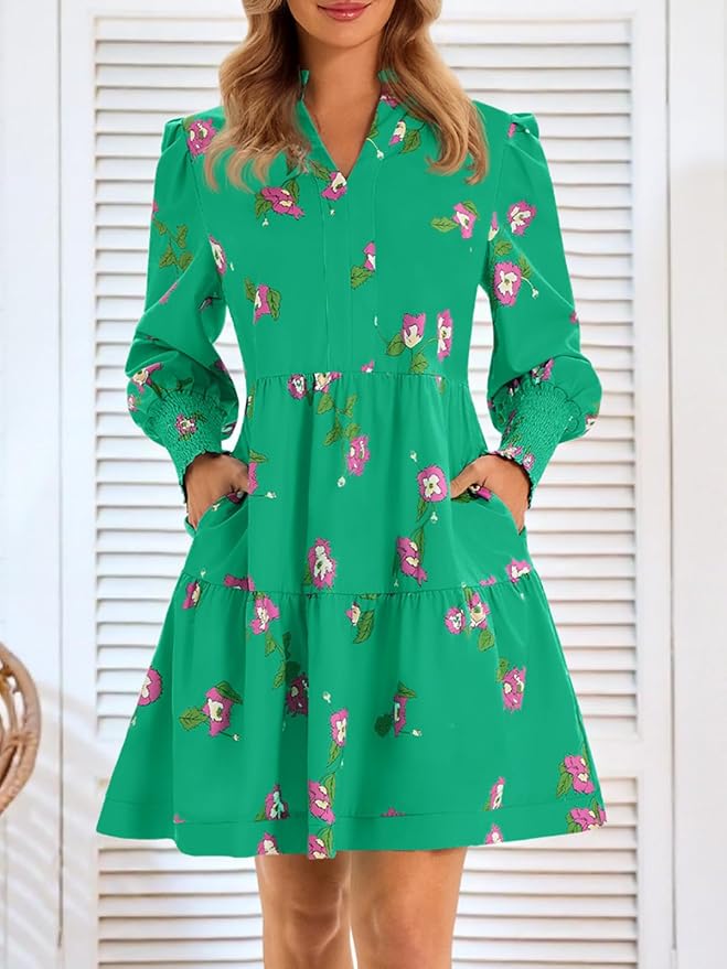 Imily Bela Womens Fall Long Sleeve Tunic Dress Casual V Neck Loose Ruffle Tiered Dress
