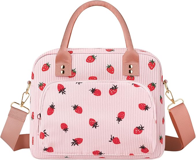 Lunch Bag Large Insulated Lunch Box for Women Adult Cute Pink Strawberry Lunchbox Corduroy Lunch Bags Boxes Pail with Shoulder Strap for Work Mom Picnic Office Travel 11.4×6.8×9.1 inches 11.5L