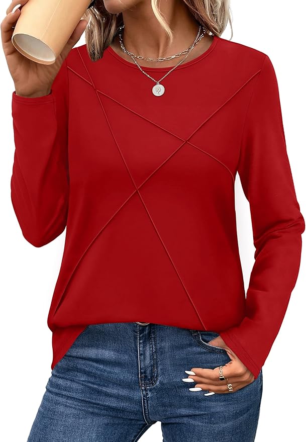 XIEERDUO Long Sleeve Shirts for Women Business Casual Tops Trendy Crewneck Fall T Shirts Pleated Loose Fit