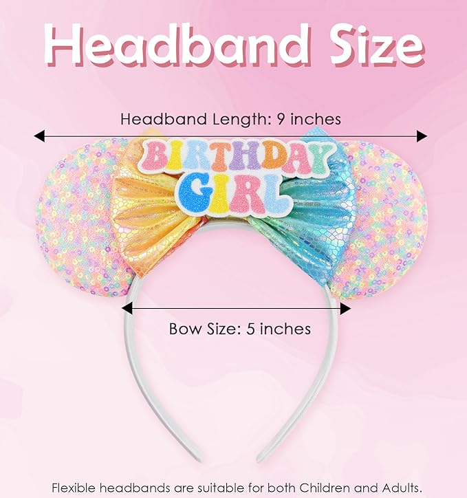 LIHELEI Mouse Ears Headband, Princess Pink Headbands for Women Birthday Party, Sequin Bows Headwear Hair Accessories- Birthday Headband