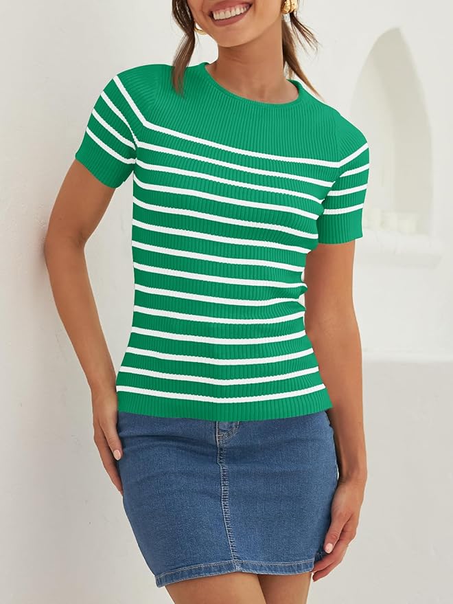 ZESICA Women's Short Sleeve Crewneck Striped T Shirt 2026 Summer Ribbed Knit Slim Fit Casual Basic Tee Tops