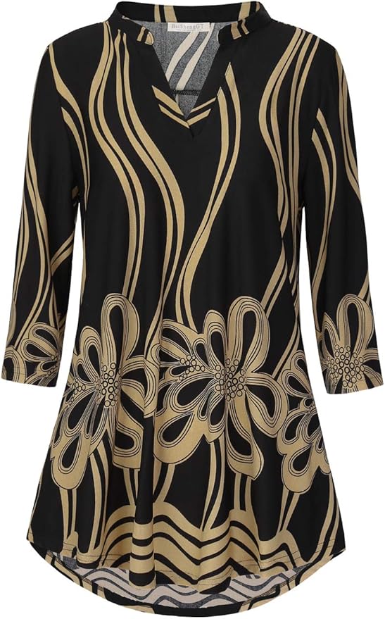 BAISHENGGT 3/4 Sleeve Tops for Women Notch V Neck Floral Work Blouses Dressy Casual Loose Fit Going Out Tunic Tops