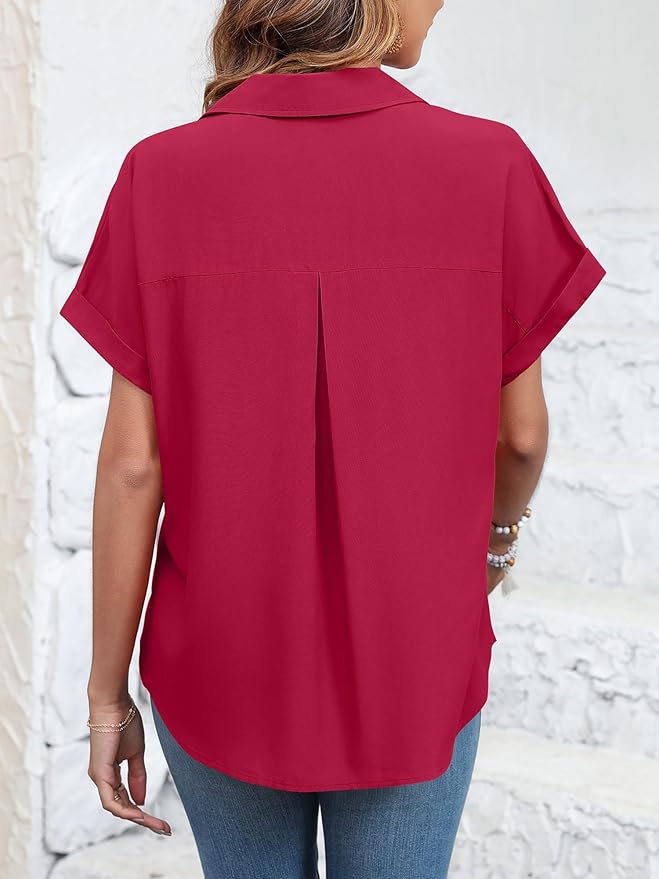 Womens Button Down Shirt Casual Short Sleeve Collared Work Blouse with Pocket