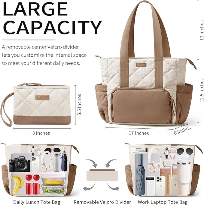 Puffer Lunch Tote Bag for Women, 15.6 Inch Laptop Work Bag with Insulated Lunch Compartment & Large Cup Holder, Lightweight Quilted Puffy Lunch Box Purse for Teacher Nurse Travel Office Daily School
