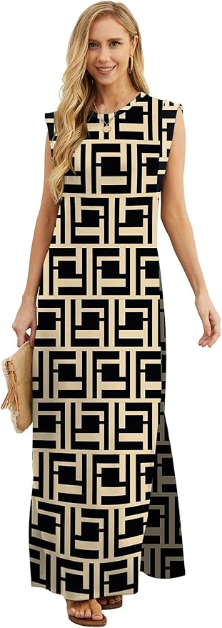 GRECERELLE 2026 Women Year-Round Casual Round Neck Loose Split Wrinkle-Free Long Maxi Vacation Dress with Pockets (XXS-4XL)