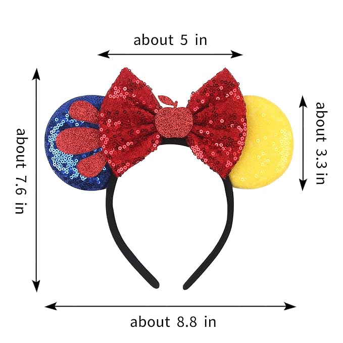 zhezesmila Mouse Ears Headbands Snow White, Princess Headbands Cospaly with Red Star Blue Sequin Bow, Hairs Accessories for Women Adult Birthday Party