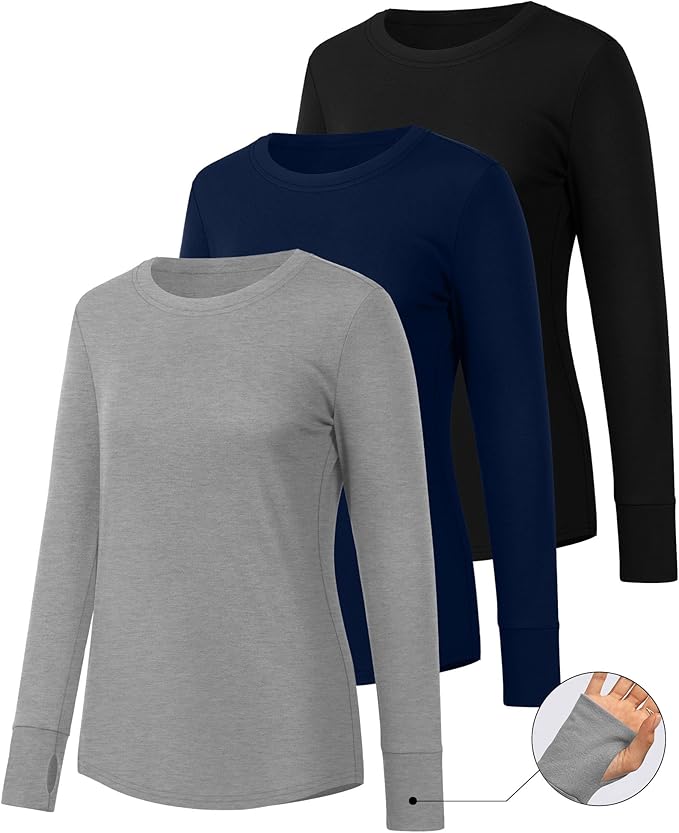 Huukeay 3 Pack Women's Long Sleeve Shirts with Thumb Holes, Cotton Casual Crew Neck Tunic Tops Fall Loose Y2k Trendy Outfits