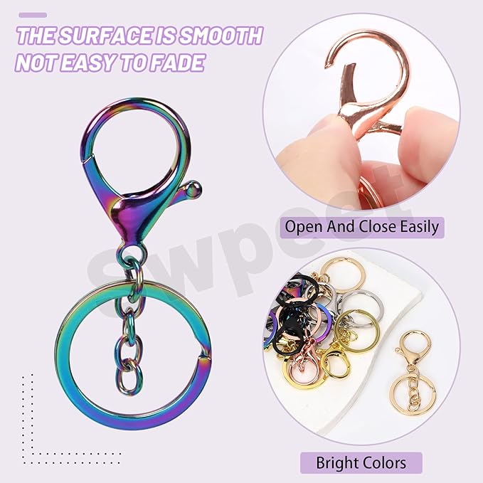 Swpeet 10Pcs Silver Lobster Claw Clasps with Key Chain and Flat Split Keychain Ring Assortment Kit, Swivel Clasps Hook Clips Swivel Snaps Hooks for Purse Strap Keychain DIY Crafts