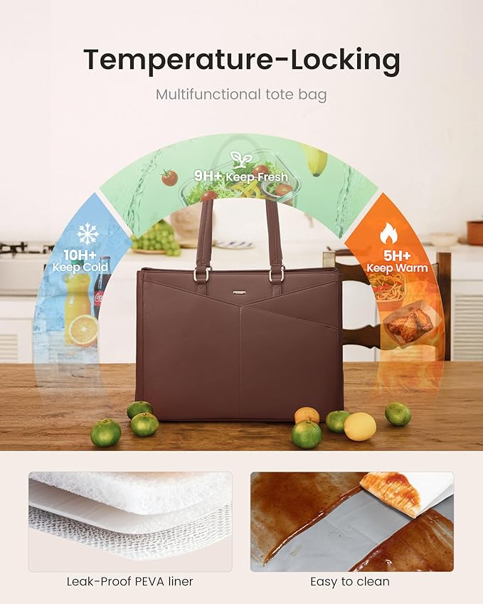 LOVEVOOK Lunch Tote Bag for Women, 3 in 1 Work Bag with Leakproof Cooler Compartment, Laptop Bag with Large Cup Holder for Office, College, Casual, Orange Brown