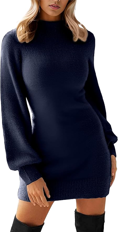 GRECERELLE 2026 Women's Mock Neck Ribbed Long Sleeve Bodycon Pullover Cute Mini Sweater Dress (XS-2XL)