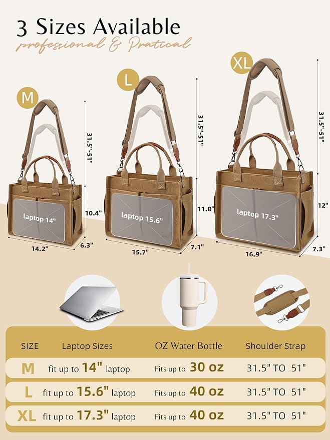 BESBESME Canvas Tote Bag for Women with Zipper & Compartments– Large Work & College Laptop Tote Crossbody Shoulder Bag